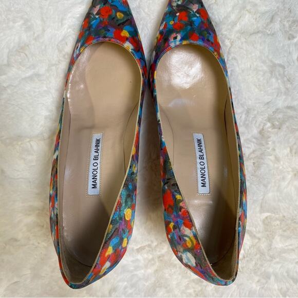 Manolo Blahnik Multicolor Floral Print Satin Pointed Toe Pumps Heels Size 39.5 - Picture 8 of 16